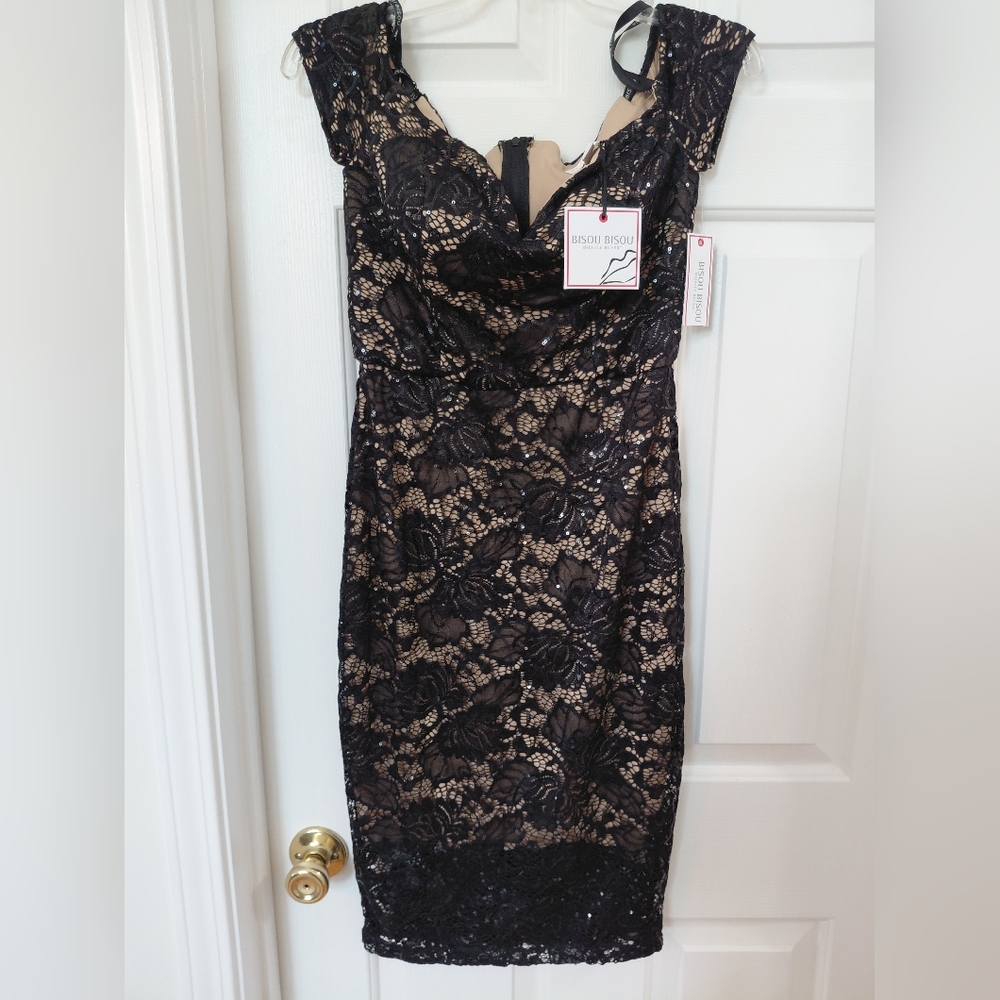 Bisou Bisou Black Lace Midi Dress with Nude Lining